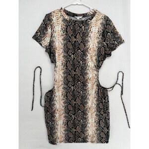 Persaya Snakeskin Print Cut Out Mini Dress XL Brown Black Short Sleeve Bodycon